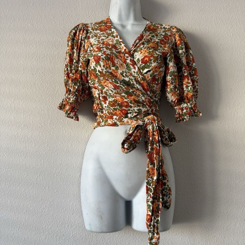 Faithfull the Brand Cropped Blouse Women’s XS 2 Floral Wrap Puff Sleeve Tie - Picture 3 of 7